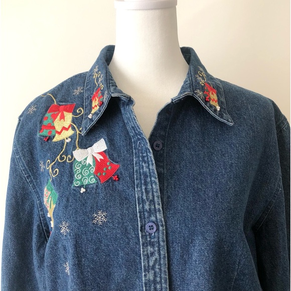 Westbound Denim Christmas Holiday Button Up Embroidered and Bead detail size L - Picture 6 of 14